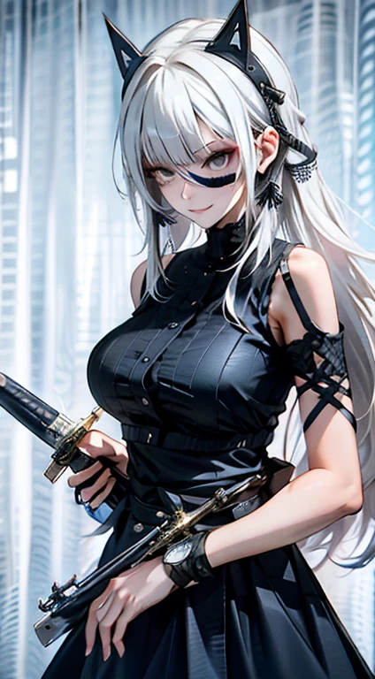 Short Hair, bangs, curtained hair, crossed bangs, Long hair, Messy hair, pony tails, bangs, curtained hair, crossed bangs, Messy hair, pony tails, Big hair, ((37Old woman)), hair ear, hair tying, hair flaps, widow peak, head gear, Hair ribbon, kanzashi, hairpods, white hair ribbon, Moles under eyes, Raised eyebrows, eyeball, Evil smile, crazy, Shy, scowling, jitome, gloom (expression), Seductive smile, anime big breast, Minimalism, Anime style, anime big breast, Minimalism, Anime style, angle of view, From above, hyper HD, retinas, Masterpiece, ccurate, Textured skin, Super detail, High quality, High details, Award-Awarded, Best quality, A high resolution, 16K, hyper HD, retinas, Masterpiece, ccurate, Textured skin, Super detail, High quality, High details, Award-Awarded, Best quality, A high resolution, 16K(((White skin))((Carrying a sword))