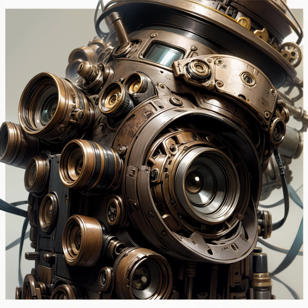 camera,SLR,steampunk,Background white,3 lenses,camera3つ,Right facing