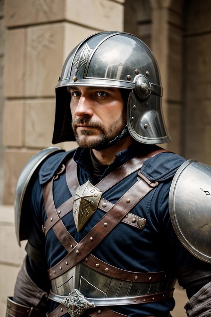 Close-up shots of swords, shields, and helmets.
