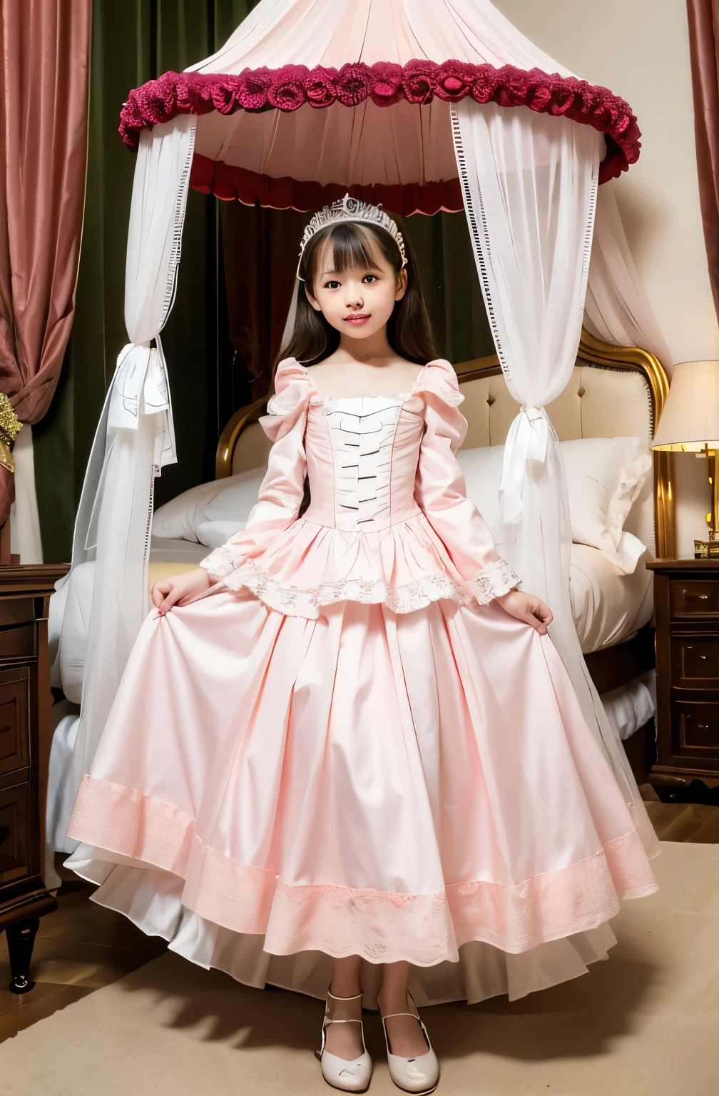 highest quality, masterpiece, highest resolution, artwork, super get used to it, many become familiar with, become familiar with, get used to it, woman, ,the two girls are princesses,pink victorian dress,long sleeve,long dress,A dress with lots of frills and ribbons.,high quality dresses,luxury,Two kiss,(Luxury Bedroom),high quality princess canopy bed,