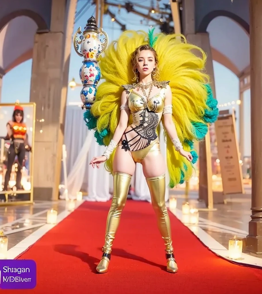 Cute 18 year old girl, Carnival Woman suit, short curly hair, blonde hair, beautiful face, rain, roof, masterpiece, exquisite details, perfect anatomy, fighting stance realistic