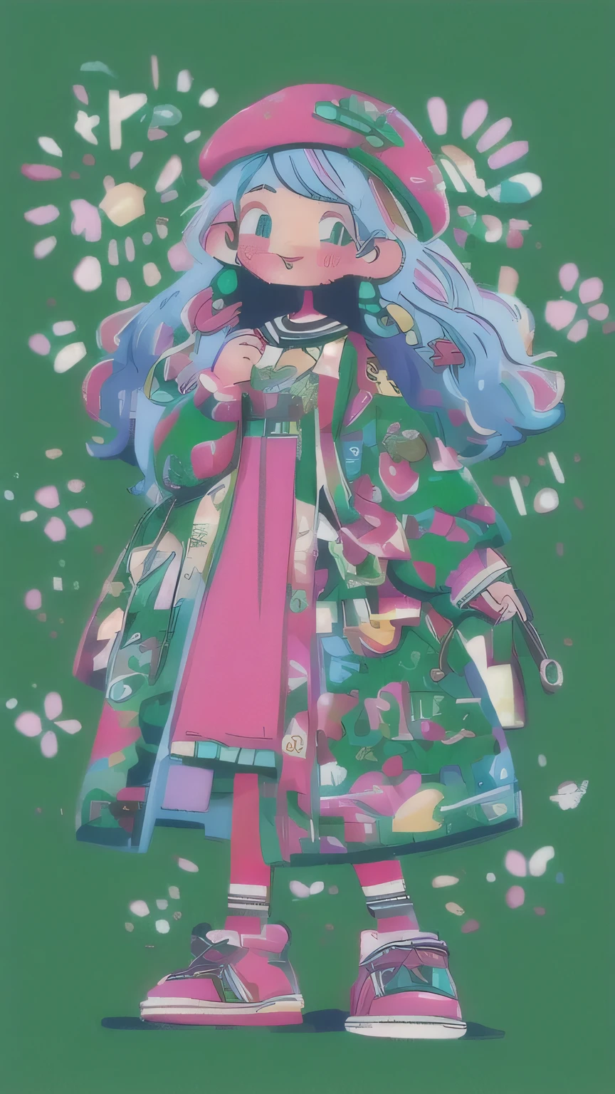 girl, wearing green blouse, pink skirt, beret, long, blue hair, curly hair, big earrings, smiling and happy. Hands spread out, head tilted slightly upwards, very happy, lots of shopping bags hanging from her hands, simple background, colorful,Full body, side view, masterpiece, highest detailed,