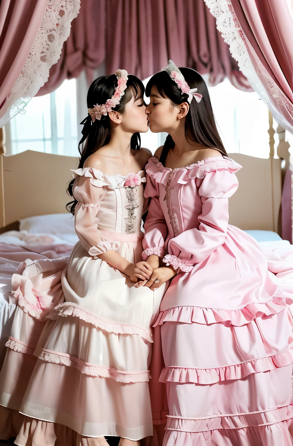 highest quality, masterpiece, highest resolution, artwork, super get used to it, many become familiar with, become familiar with, get used to it, woman, 10 years old,the two girls are princesses,pink victorian dress,long sleeve,long dress,A dress with lots of frills and ribbons.,high quality dresses,luxury,Two kiss,(Luxury Bedroom),high quality princess canopy bed,