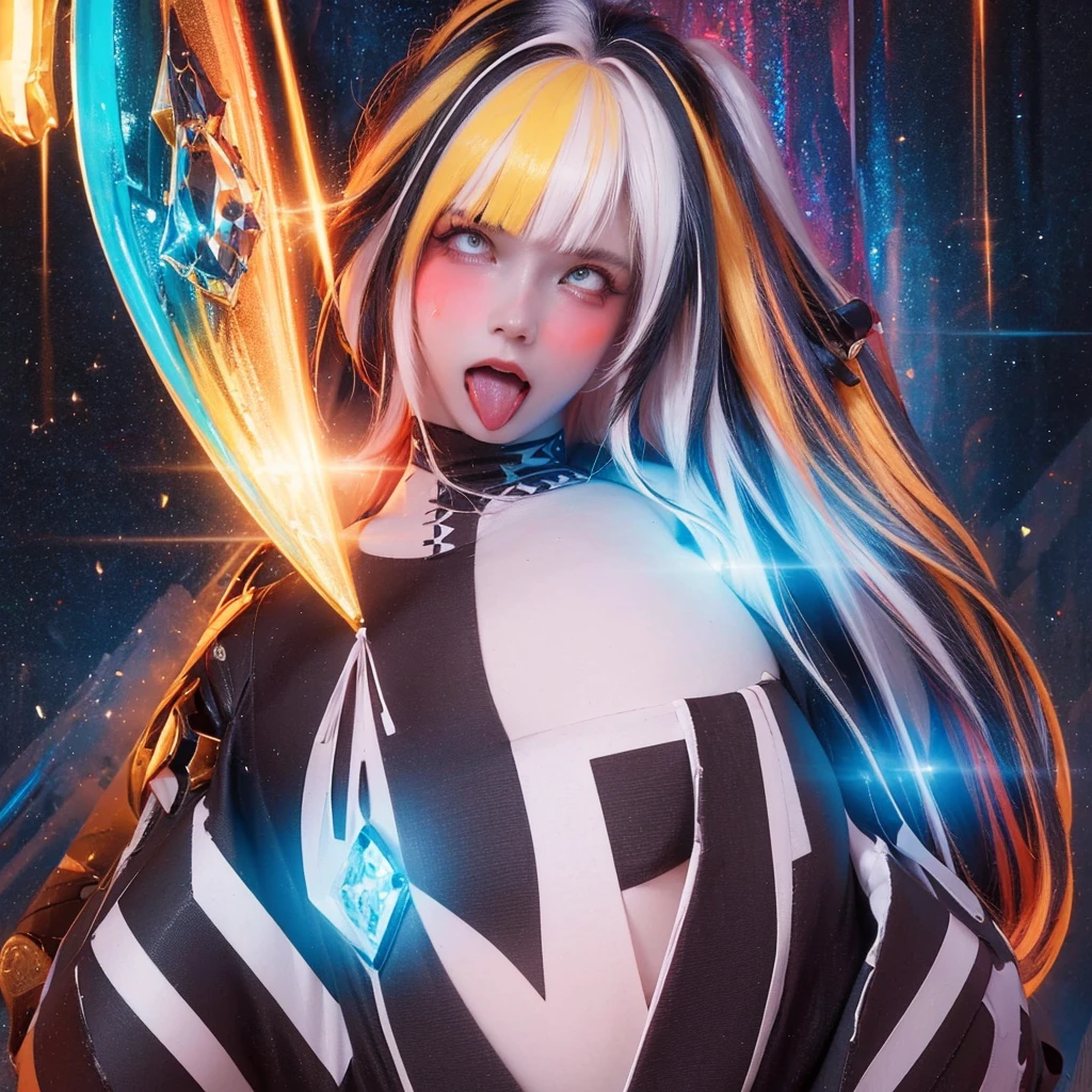 {{masterpiece}}, best quality, extremely detailed CG unity 8k wallpaper, cinematic lighting, lens flare, beautiful detail eyes, black,  side glance,  multicolor short white hair, colorful light, particles, heterochromia, (colorful:1.5), (colorful hair:1.5), Sexy bikini, bikini armor, wings on back,