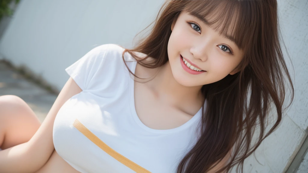 (masterpiece, Highest quality, RAW Photos, 8K), beautiful girl, White wall, (Natural light), beautiful girl beautiful girl, Pretty face, (Beautiful Eyes, Light in your eyes, Delicate face, thin眉毛), light makeup, (thin眉毛, Bright eyebrow colors, Light on the cheeks), (17 years old), short hair, bangs, (The wind is blowing), thin, beautiful girl, (Shining cheeks and closed lips, Innocence)、T-Shirts、healthy、Smile、Big Breasts、Breasts that lift up clothes