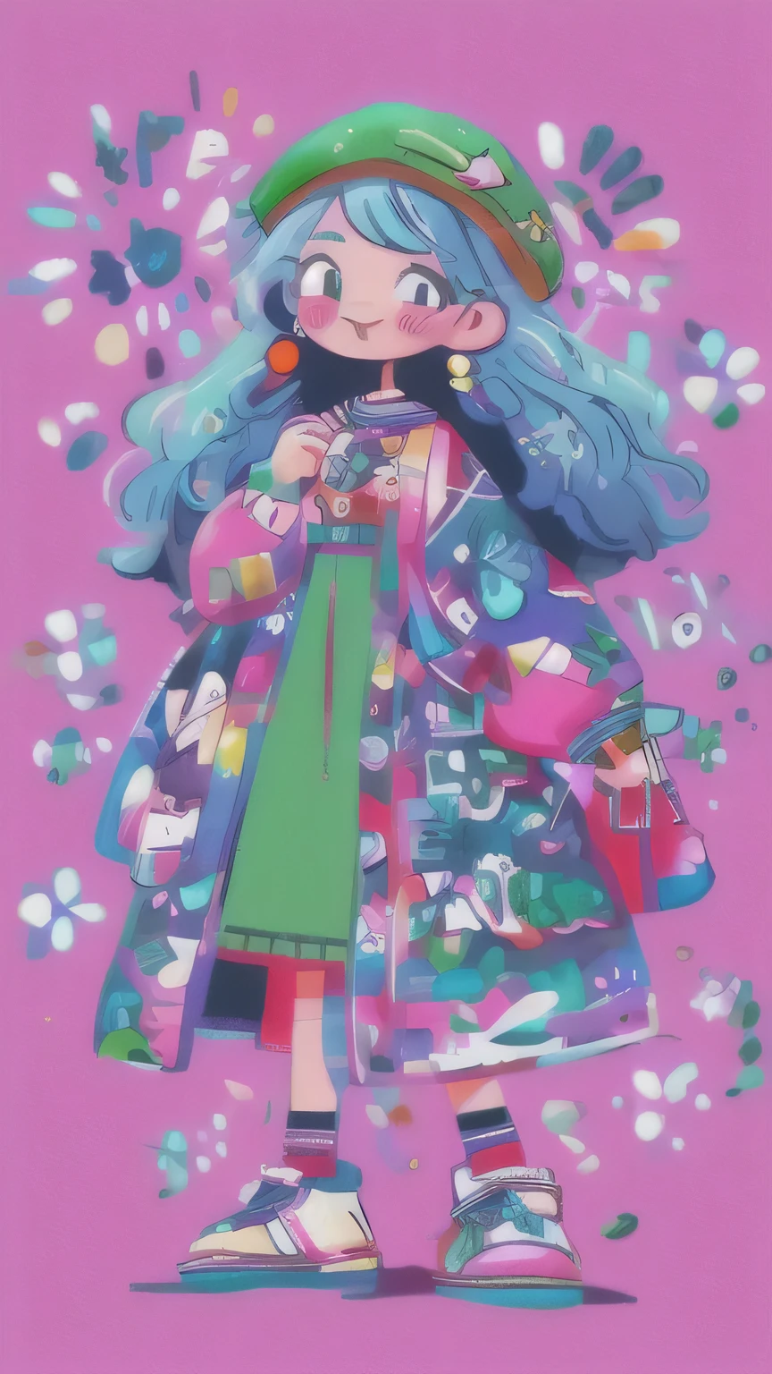 girl, wearing green blouse, pink skirt, beret, long, blue hair, curly hair, big earrings, smiling and happy. Hands spread out, head tilted slightly upwards, very happy, lots of shopping bags hanging from her hands, simple background, colorful,Full body, side view, masterpiece, highest detailed,