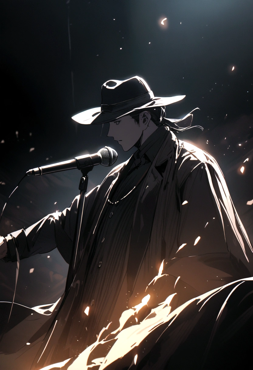 An anonymous man in a hat performs with a microphone