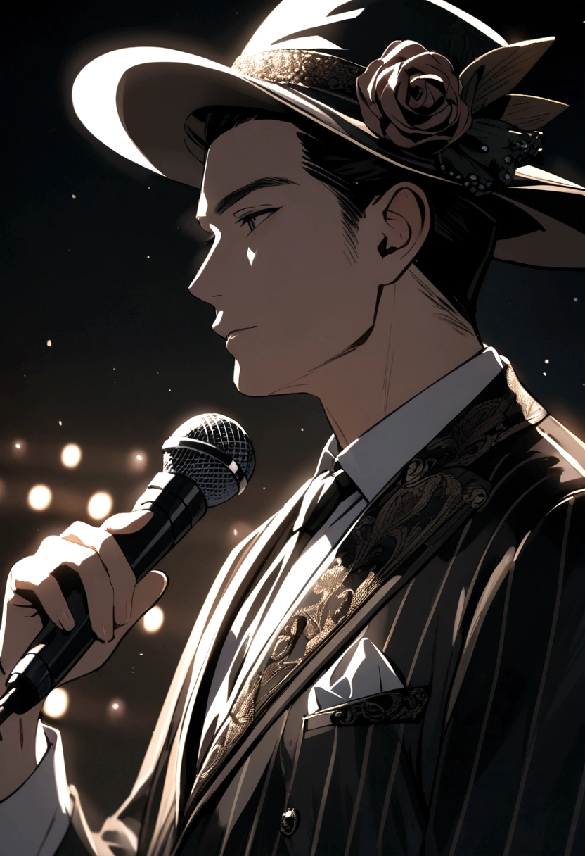 An anonymous man in a hat performs with a microphone