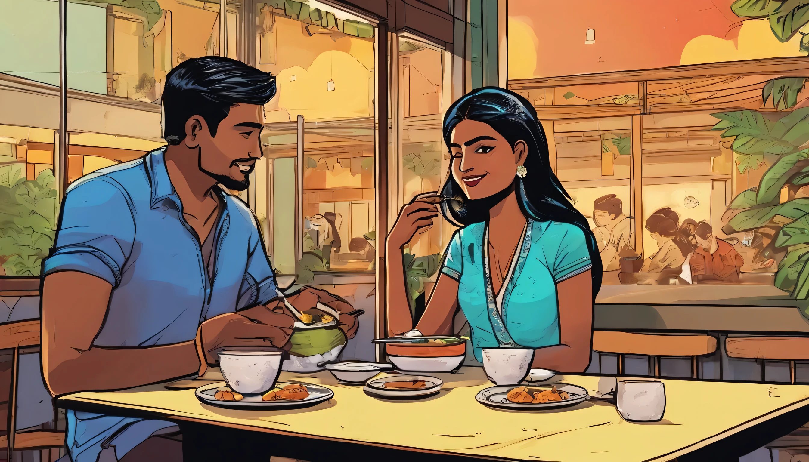 A indian couple seating ina canteen and eating samasa