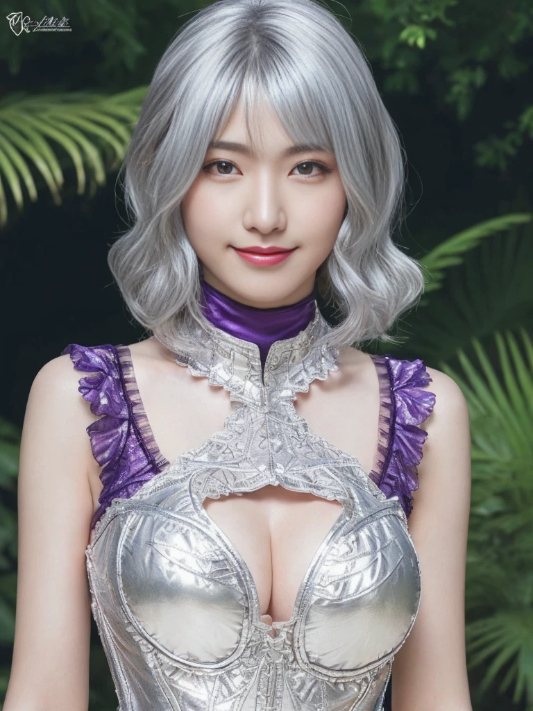 (Thin eyebrowouth closed)))))、((Very strong sunlight))、((((Beautiful silver hair))))、((Small Head))、(Beautiful silver hair with short wavy:1.2)、Full Body Shot、(((8K, Raw photo)))、 (((The face is that of cosplayer Enako))),(Shot from above in highly detailed 8K)、(Very delicate and beautiful)、(masterpiece)、(Highest quality:1.0)、(超High resolution:1.0)、Realistic Shadows、[High resolution]、 Detailed skin、Ultra-detailed、(Beautiful Hair)、Photorealistic、A vivid face、Big breasts and small waist、Realistic eyes、Small eyes、Looking at the camera、(((Between the breasts)))、(eyeliner)、(mascara)、 Pink lips、((Looks very happy))、Show your shoulders、Intricate patterns and transparent materials、Artistic depiction of a seductive woman, Accentuating her attractive silhouette。The scene was、Basking in the hot sun、It makes you feel the delicate beauty and charm of nature.。(((Intricate details))、Advanced Details、choker、Browsing Caution,((Highest quality、8K、masterpiece:1.3))、Sharp focus:1.2、 (((Patent purple and silver corset)))、((On the buttocks))