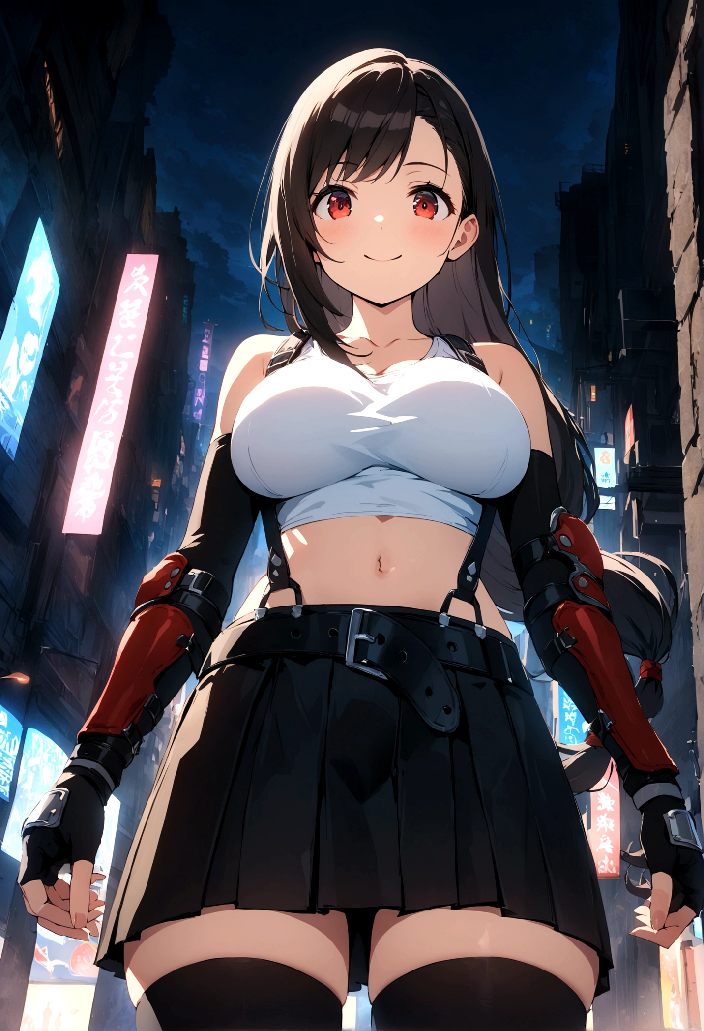 score_9, score_8_up, score_7_up,score_6, score_5,4k,BREAK , (from front:1),from below,breast focus,standing,straight-on,arms in sides,,(upperbody),looking_at_viewer ,1girl, tifa lockhart, final fantasy, tareme,black hair, low-tied long hair, red eyes, bangs, (white tank top, belt, pleated skirt, thighhighs, elbow fingerless gloves, elbow pads, midriff, navel,suspender skirt) ,large_breasts,(light smile),Curvy waist,,Solo,,(daytime and beachside and city),detailed skin,(best quality),(aesthetic,very aesthetic),UHD,HDR,intricate detailed,anime,highly detailed,sharp focus,depth of field,,professional lighting,cinematic lighting, ,