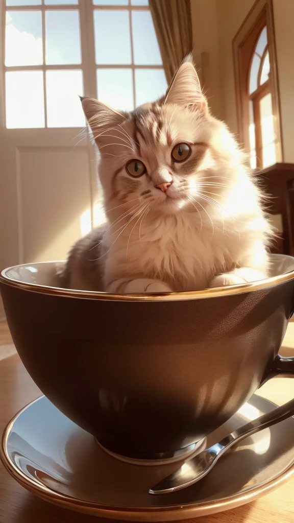 Cat, (Himalayan), (Small)))), in a teacup, Face, Front paws out, 8K, Professional photo, Delicate, Clear, On the table, Inside the house, Sunshine, Light Leak, Masterpiece, ((Pretty))), Fashionable Teacup, (Reality), Plush Toy, Round Pupils