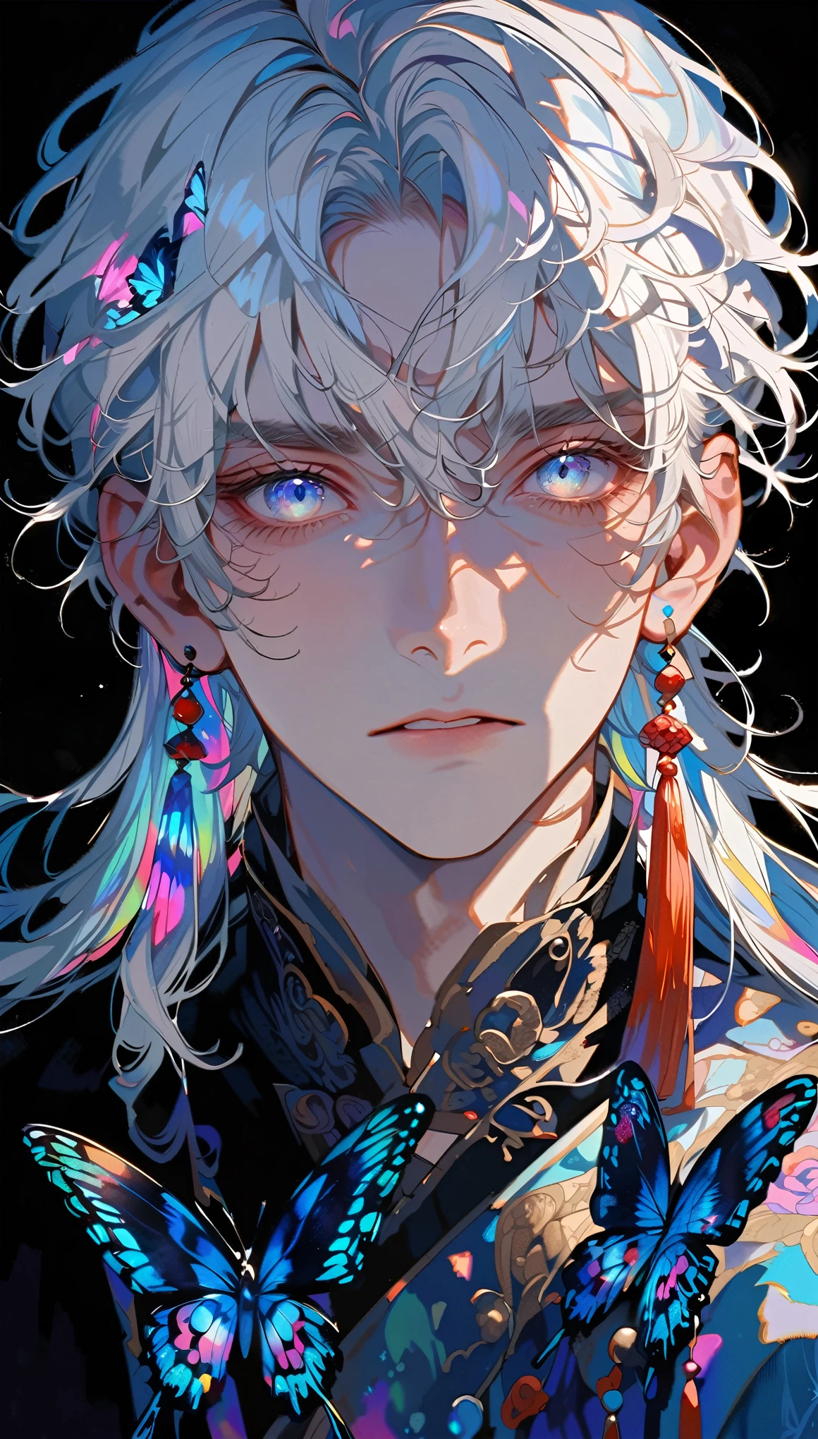 masterpiece, Male focus, 1 boy, solitary, White hair, tassel earrings, tassel, Jewelry, earrings, black background, blue eyes, Long hair, crystal, Butterfly, Upper Body, Colorful hair,Pearlescent Rose,Personal,The eyes are depicted in great detail
