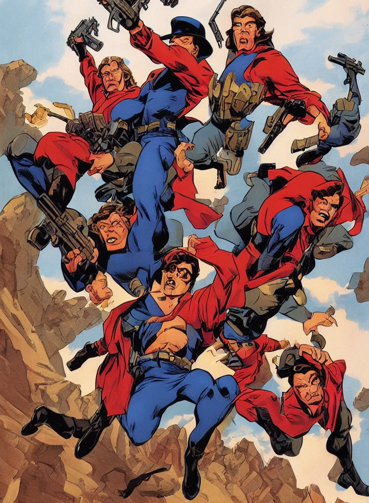 The poster is inspired by John Buscema. The poster shows three robbers with guns robbing a bank. The image shows serious reality and conviction.