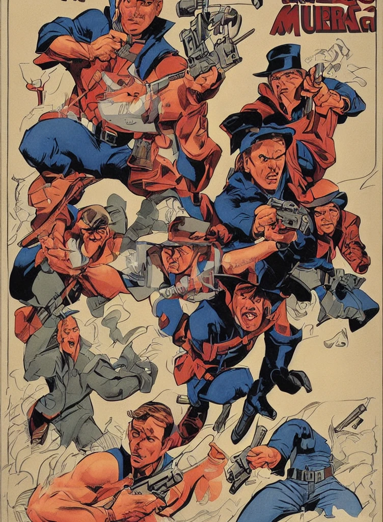 The poster is inspired by John Buscema. The poster shows three robbers with guns robbing a bank. The image shows serious reality and conviction.