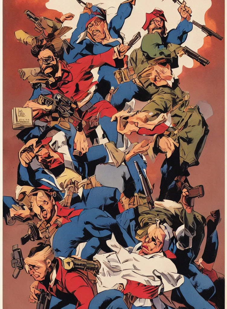 The poster is inspired by John Buscema. The poster shows three robbers with guns robbing a bank. The image shows serious reality and conviction.
