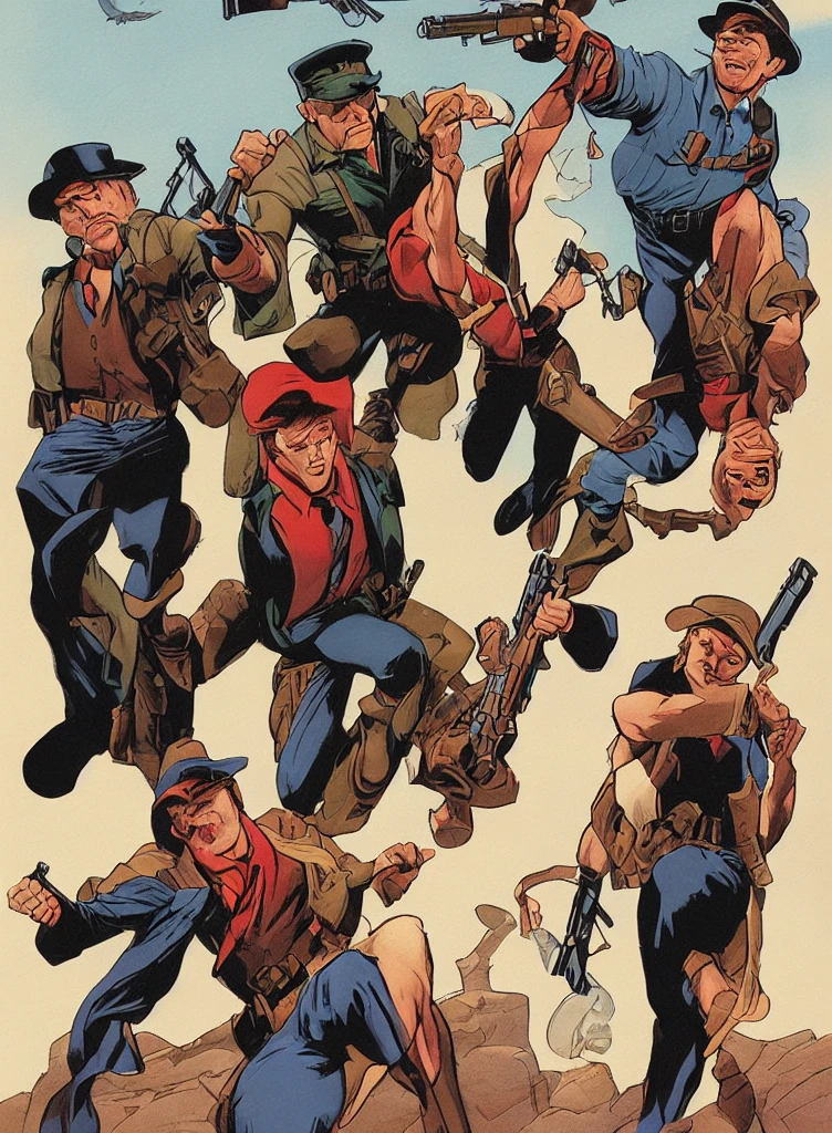 The poster is inspired by John Buscema. The poster shows three robbers with guns robbing a bank. The image shows serious reality and conviction.