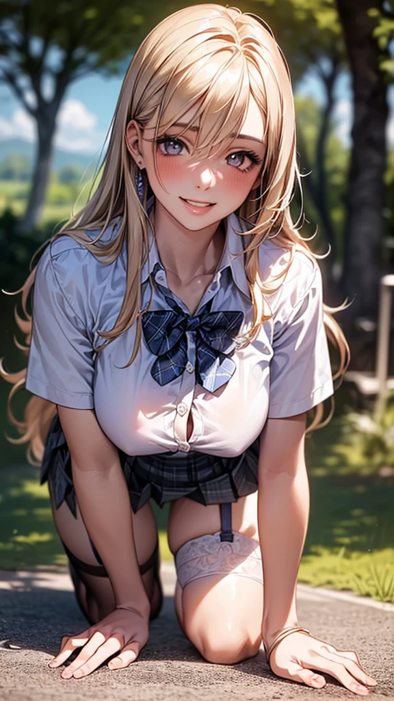 (((Age 25, Japanese-gyaru))), (((Wearing a sexy garter belt))), (On all fours, ), (Large Breasts), (Big Hips), (Sexy pose), (((A seductive smile))), Browsing Caution, Vulgarity, (Very tanned and shiny skin), Fishnet tights, (((Skin Dentition))), photoRealistic, Realistic, alone, photoRealistic, Highest quality, Ultra-high resolution, One girl, Yura S, Outdoor, colorful, Part your lips, Daytime setting, beautiful, masterpiece, Highest quality, Highly detailed face, Perfect lighting, Ultra-high resolution, Super detailed (masterpiece:1.2, Highest quality), (Realistic, photoRealistic:1.4), beautiful illustration,
View your viewers, whole body, Front view:0.6,
1 Girl, Japanese, China dress, (Long Hair:1.5), Hair fluttering, (Half Up, Half Updo), bangs, Hair between the eyes, Large Breasts:0.8,
beautiful hair, beautiful face, beautiful detailed eyes, beautiful clavicle, beautiful body, beautiful chest, beautiful thigh, beautiful legs, beautiful fingers,
(beautiful scenery), , School,
((Collared short-sleeved shirt, White shirt, , Grey plaid pleated skirt, Blue checked bow tie)), White panties,
(Are standing, , Lift up your skirt, Grab the hem of the skirt, Place your hand on your chest, Place your hands between your legs),
blush, ,