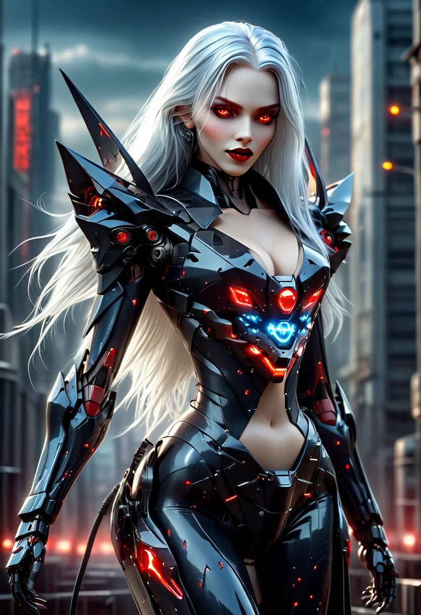 ((a photorealistic glamour shot of an exquisite, glamour mecha female vampire: 1.5)), ((full body: 1.3)), ultra feminine, pale face, silver hair, long vibrant shiny hair, glamorous hair,  red eyes, miniatures mechanical , deep penetrating eyes, red lips, lustful lips, ((two visible vampiric fangs: 1.5), drops of blood dripping from the mouth, ((cyberpunk style: 1.5)), she wears (blue elegant glamour dress, with small delicate mechanical parts: 1.4), digital parts,  intricate details, the dress is studded with diamonds, tight suit, dynamic color, high heels, cyberpunk street at night background, (highest quality:1.2, Very detailed, up to date, Vibrant, Ultra-high resolution, High Contrast, masterpiece:1.2, highest quality, Best aesthetics), best details, best quality, highres, ultra wide angle, 16k, [ultra detailed], masterpiece, best quality, (extremely detailed), Genetically modified..., Cinematic Hollywood Film, aetherpunkai