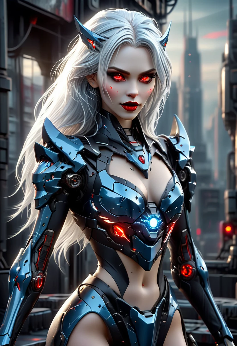 ((a photorealistic glamour shot of an exquisite, glamour mecha female vampire: 1.5)), ((full body: 1.3)), ultra feminine, pale face, silver hair, long vibrant shiny hair, glamorous hair,  red eyes, miniatures mechanical , deep penetrating eyes, red lips, lustful lips, ((two visible vampiric fangs: 1.5), drops of blood dripping from the mouth, ((cyberpunk style: 1.5)), she wears (blue elegant glamour dress, with small delicate mechanical parts: 1.4), digital parts,  intricate details, the dress is studded with diamonds, tight suit, dynamic color, high heels, cyberpunk street at night background, (highest quality:1.2, Very detailed, up to date, Vibrant, Ultra-high resolution, High Contrast, masterpiece:1.2, highest quality, Best aesthetics), best details, best quality, highres, ultra wide angle, 16k, [ultra detailed], masterpiece, best quality, (extremely detailed), Genetically modified..., Cinematic Hollywood Film, aetherpunkai