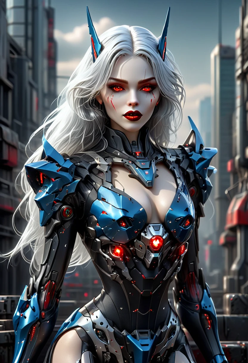 ((a photorealistic glamour shot of an exquisite, glamour mecha female vampire: 1.5)), ((full body: 1.3)), ultra feminine, pale face, silver hair, long vibrant shiny hair, glamorous hair,  red eyes, miniatures mechanical , deep penetrating eyes, red lips, lustful lips, ((two visible vampiric fangs: 1.5), drops of blood dripping from the mouth, ((cyberpunk style: 1.5)), she wears (blue elegant glamour dress, with small delicate mechanical parts: 1.4), digital parts,  intricate details, the dress is studded with diamonds, tight suit, dynamic color, high heels, cyberpunk street at night background, (highest quality:1.2, Very detailed, up to date, Vibrant, Ultra-high resolution, High Contrast, masterpiece:1.2, highest quality, Best aesthetics), best details, best quality, highres, ultra wide angle, 16k, [ultra detailed], masterpiece, best quality, (extremely detailed), Genetically modified..., Cinematic Hollywood Film, aetherpunkai