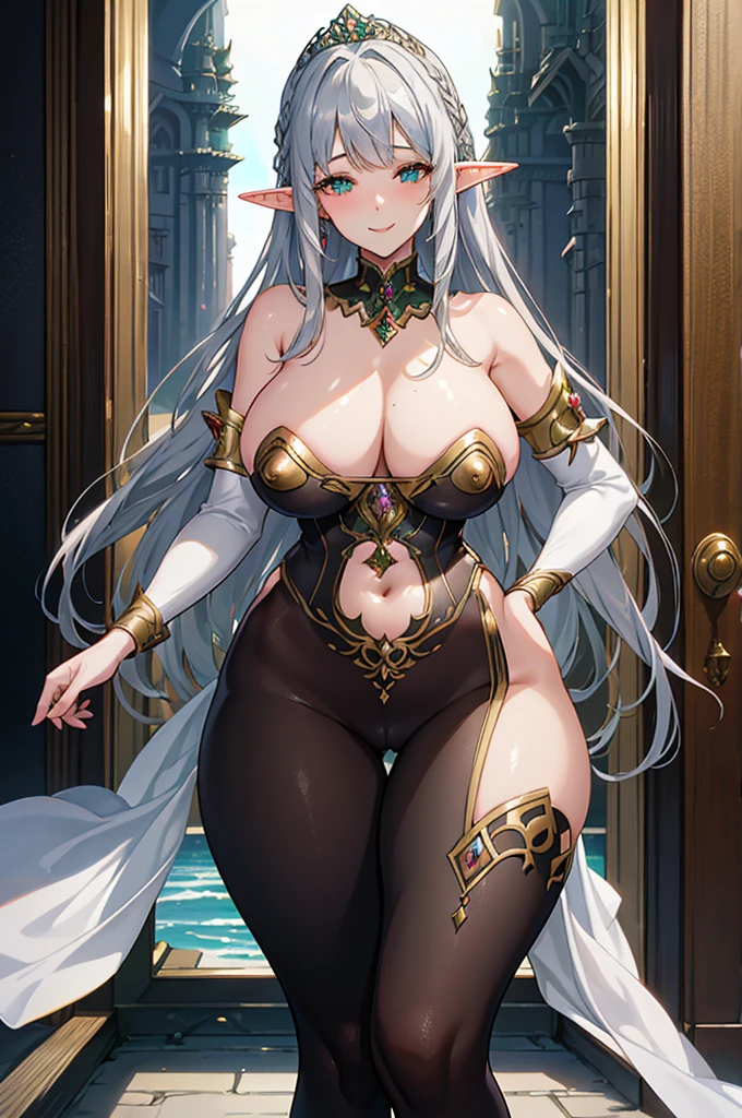 nsfw:5.0、Otherworldly fantasy:2.0、Highest quality、High quality、Beautiful details、Anime-style illustrations、Overall image、1 Elf、Fair skin、Silver Hair、Smile of Charity、Mature Woman、Queen、Big Tits、Revealing outfits、Noble atmosphere、Small waist、palace