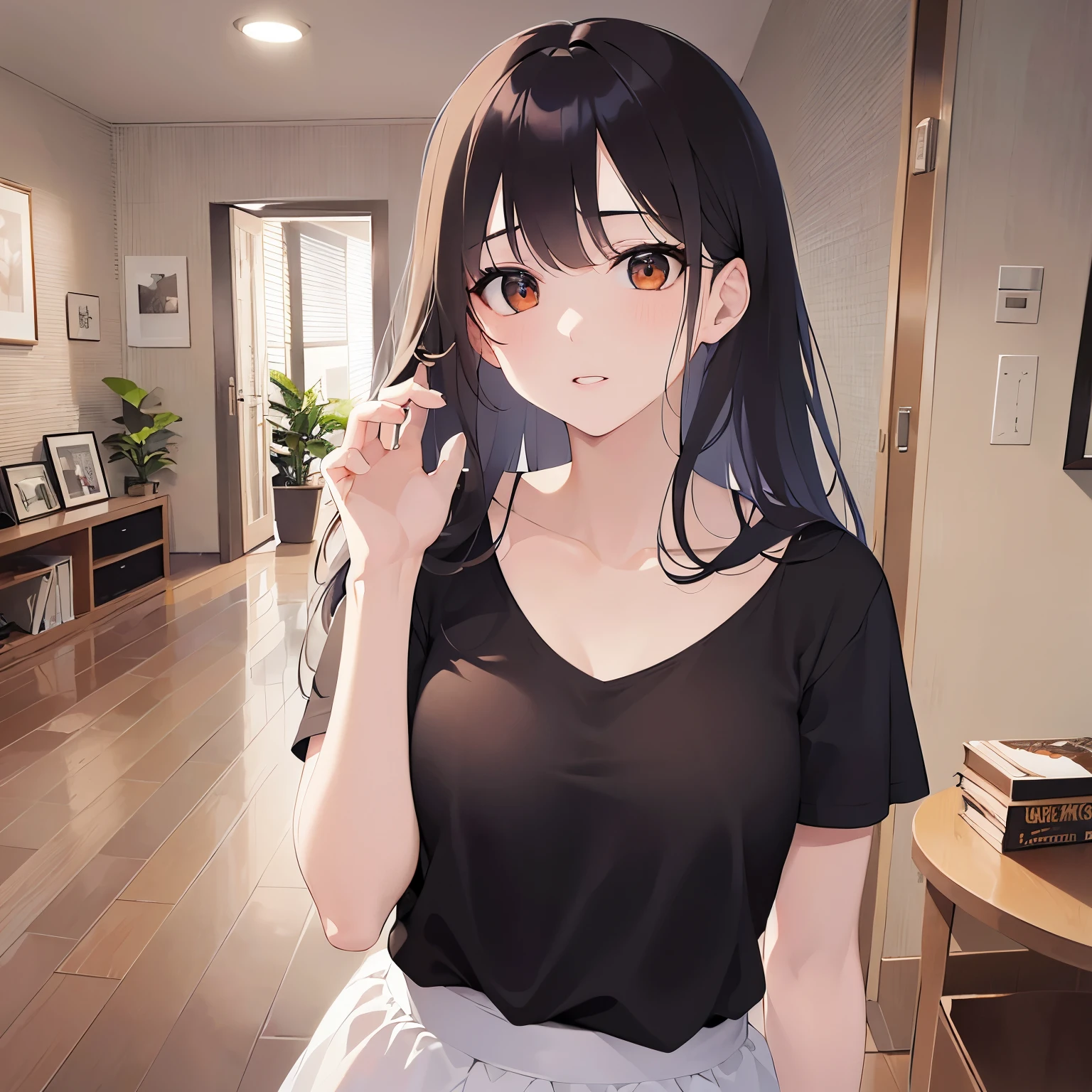 (Placing hand on cheek:1.3), looking up, ass pov, Realistic, real person, (pale skin: 1.2), upper body, RAW photo, photorealistic, shiny skin, shiny hair、(A 25-year-old woman with medium-length hair and bangs) and (wavy hair) and (brown hair) and (Orange Eyes) , (Black T-shirt) 、(bashful:1.5), confused, The background is the living room、Alone、Are standing