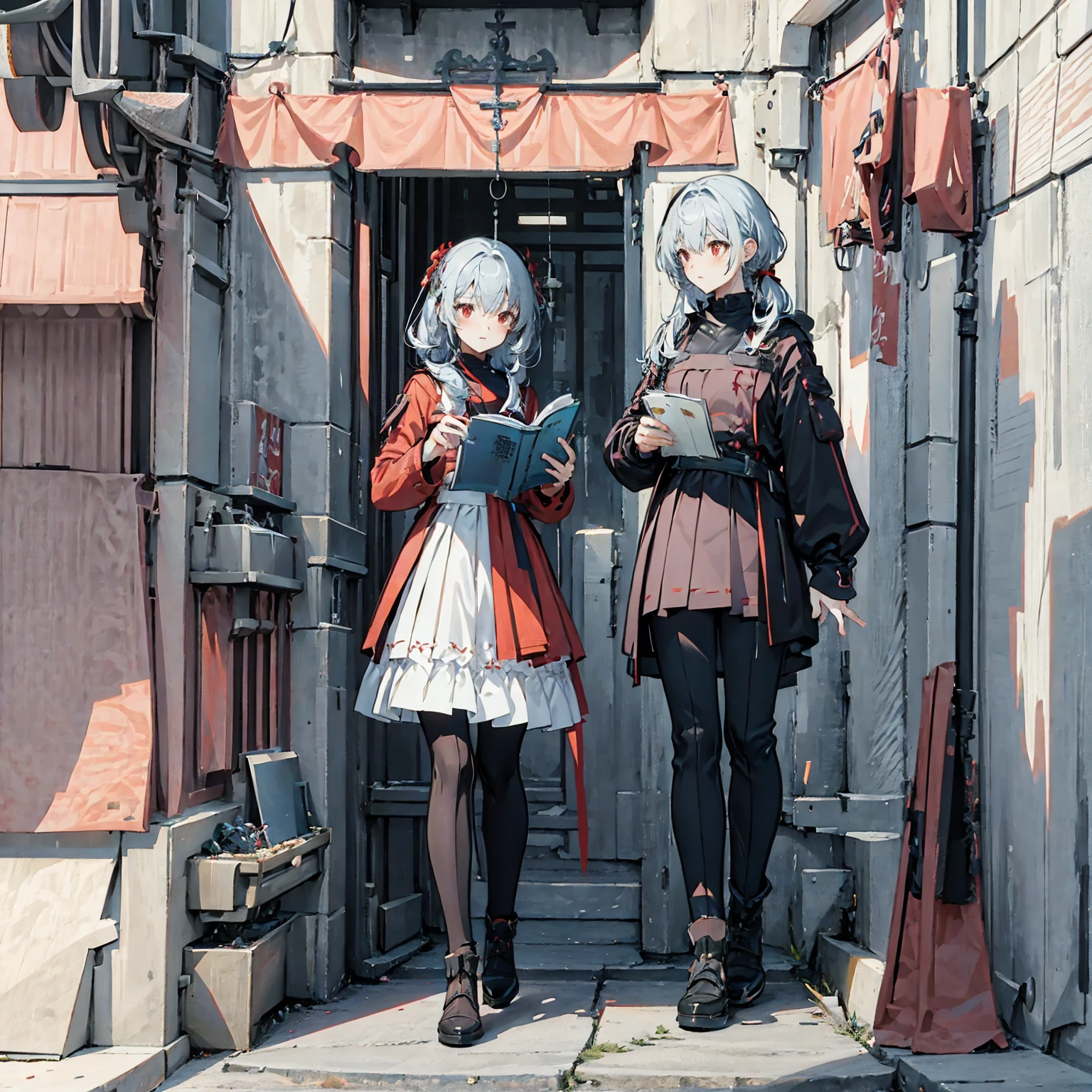 Wearing a red and white dress、anime girl holding sword, Highly detailed official artwork, Epic Light Novel Cover Art, epic Light novel cover art, Silver and red armor, guweiz on pixiv artstation, Anime style 4K, Detailed key animation art, Light novel cover art, Anime Fantasy Artwork，White hair and red eyes，Side Ponytail，Waist-length hair，1 Girl，Portraiture，Reading