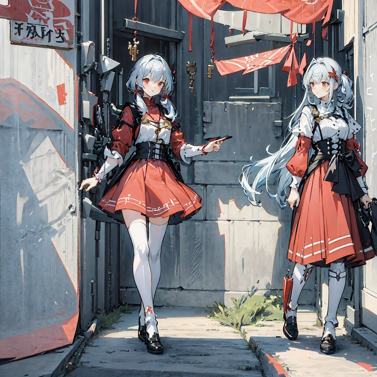 Wearing a red and white dress、anime girl holding sword, Highly detailed official artwork, Epic Light Novel Cover Art, epic Light novel cover art, Silver and red armor, guweiz on pixiv artstation, Anime style 4K, Detailed key animation art, Light novel cover art, Anime Fantasy Artwork，White hair and red eyes，Side Ponytail，Waist-length hair，1 Girl，Portraiture，Reading