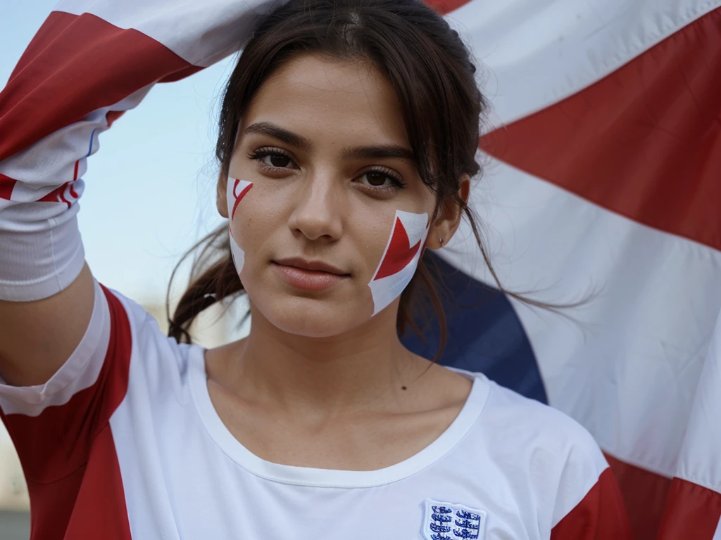 a beautiful supporter with england flag on his face