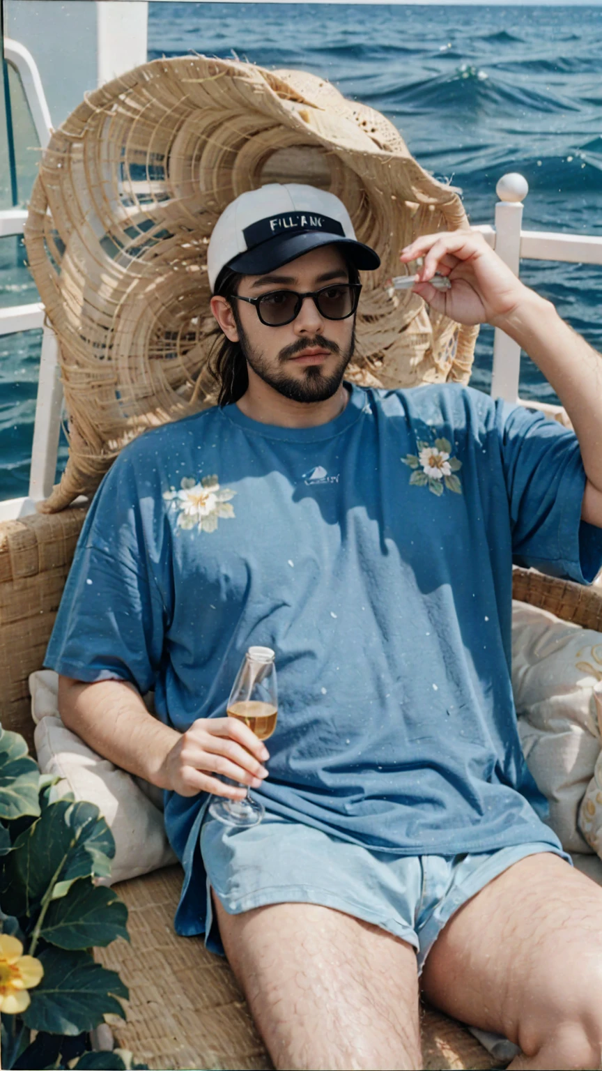 30 year old man, (chubby fat),wear oversize blue floral shirt, yellow menshort,((panama hat)), sunglasses ,with the posture of being a very rich man and sitting on (luxury yacth boat),old money, campaign bottle and glass, elegant pose, miami beach, summer, sunny, ultrarealistic, ultradetail, clean skin, ((flawless skin),(no beards)((hairless skin)), polaroid, analog film, film grain, fuji film tone effect