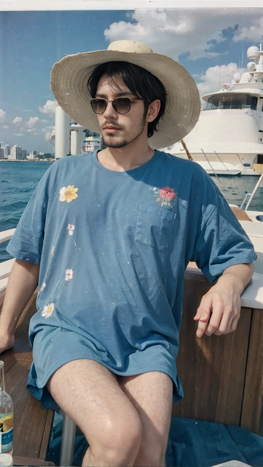 30 year old man, (chubby fat),wear oversize blue floral shirt, yellow menshort,((panama hat)), sunglasses ,with the posture of being a very rich man and sitting on (luxury yacth boat),old money, campaign bottle and glass, elegant pose, miami beach, summer, sunny, ultrarealistic, ultradetail, clean skin, ((flawless skin),(no beards)((hairless skin)), polaroid, analog film, film grain, fuji film tone effect