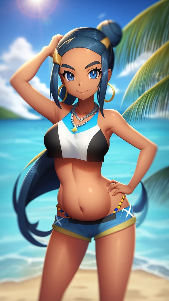 nessa \(pokemon\), beach, 1girl, solo, cowboy shot, standing, looking at viewer, smile, closed mouth, hand in own hair, hand on hip, bikini, hair bun, hair ornament, hoop earrings, belly chain, necklace, hyper-pregnant 