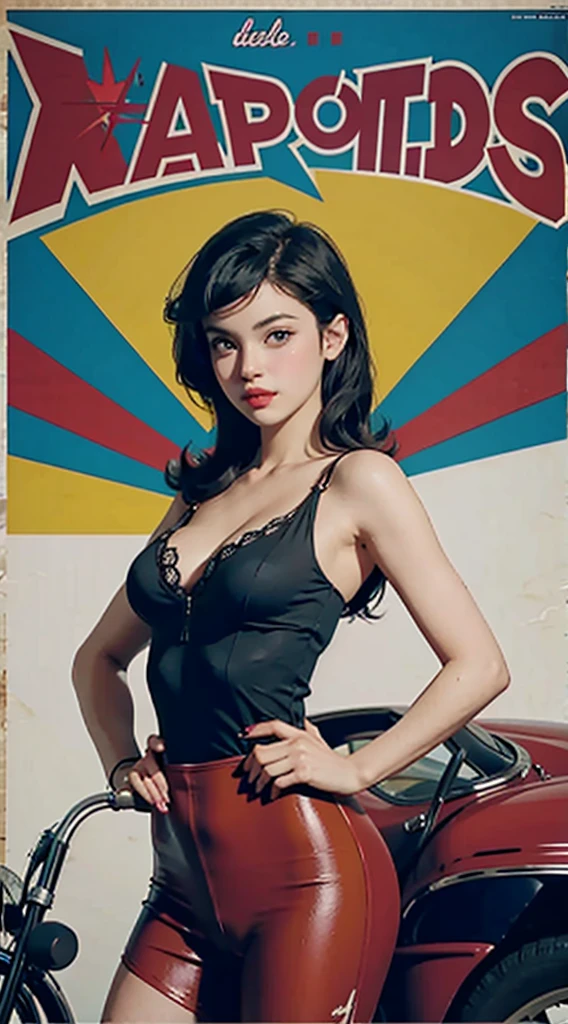 Pin up poster I'm 50s Til with young sexy blonde woman with short dress with pettycoat, bends down in front of red Corvette while changing tires.