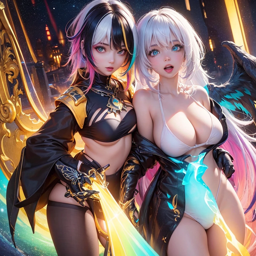 {{masterpiece}}, best quality, extremely detailed CG unity 8k wallpaper, cinematic lighting, lens flare, beautiful detail eyes, black,  side glance,  multicolor short white hair, colorful light, particles, heterochromia, (colorful:1.5), (colorful hair:1.5), Sexy bikini, bikini armor, wings on back,