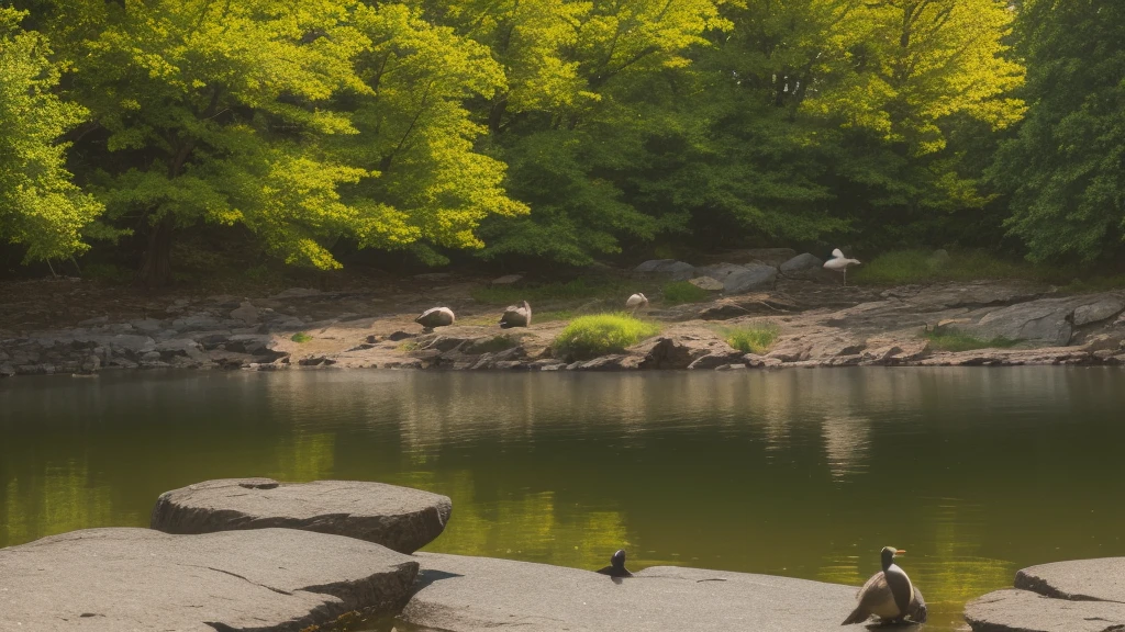 Several birds standing on rocks in the water near the lake, Quiet and beautiful, Proud look, Goose, black 天Goose, Duck, 天Goose, Surrounded, In the park and by the lake, Beautiful nature, In the pond, Sitting by the pond, On the Lake, Hot ，, Shot with Sony a7r camera, author：Jacob Duck, Shen Quan