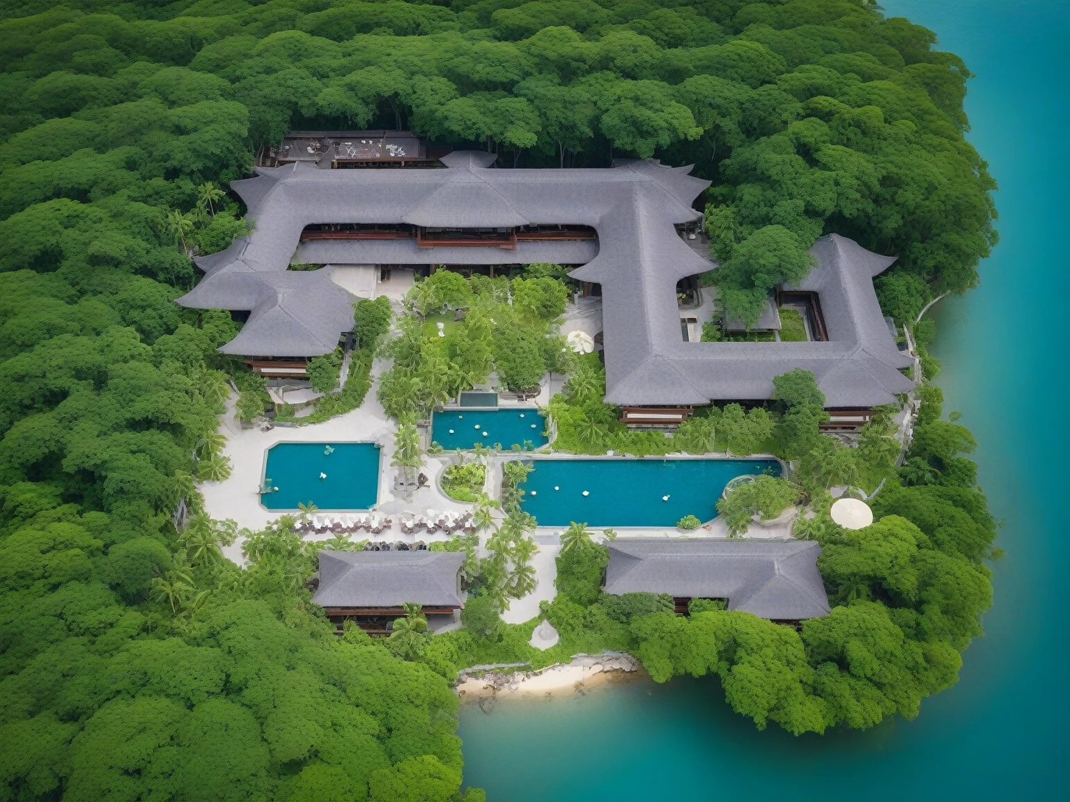 Surreal photo, super detailed, super sharp photo, taken from above as an overall perspective of the resort, below is a main restaurant, Asian architectural style, surrounded by a few small auxiliary works. support, with trees, gardens, grass and water surface shaping the surrounding design, wide viewing angle, daylight