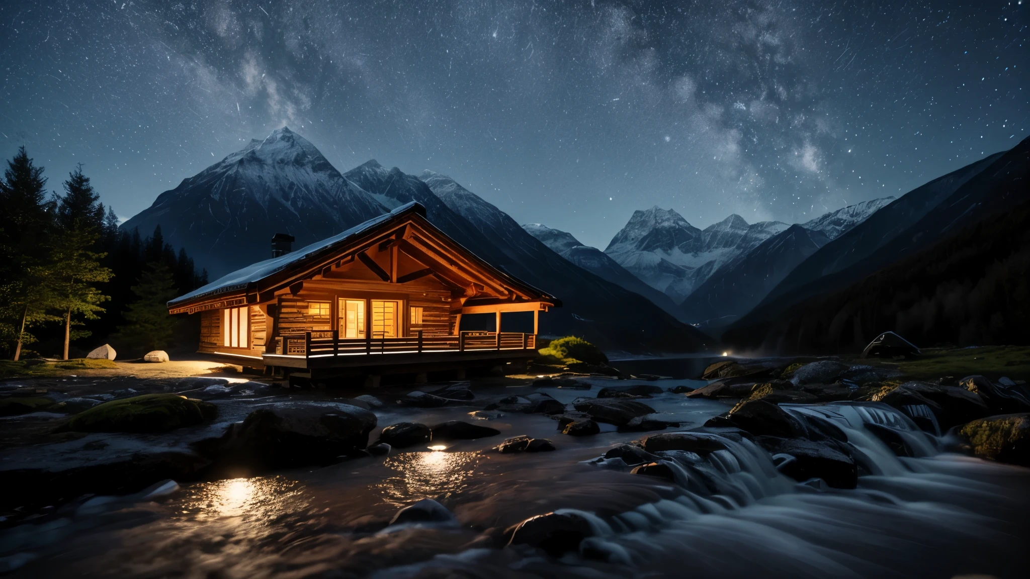 A distant mountain hut in the moonlight、Waterfall seen from the balcony