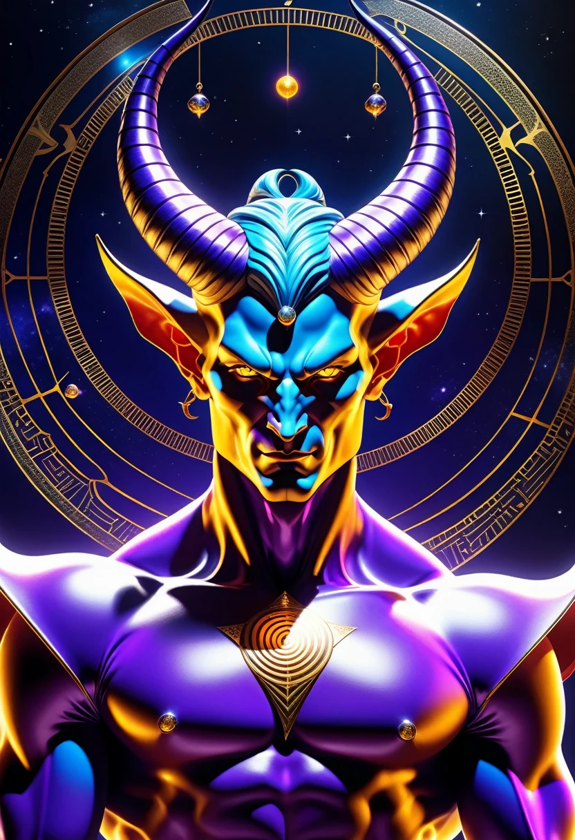 hyperrealistic art breathtaking male Devil, embodiment of evil, cunning and charismatic, red skin, devil horns, fantasy, Midlife Angular, Gypsies, Golden eyes, Bulbous Nose, V-Shaped Chin, Square Jaw, Athletic Triceps, , Lavender Top knot hair, Anticipation,, Arcane Focus, Pointing at a specific target for concentrated magic, Alchemist, (Geocentric,fata morgana,Zigzag lines,Dotted lines,Unearthly,Vibrant,Transcendent,Tangerine Illustrious ,Bioart Tool (lab equipment for bioart),Magnetic Hoverpads and Walkways Vibration,Rotation,Gaseous magic:1.0) Time manipulation, Neo-Noir , Chanting ancient incantations, giving voice to powerful spells, Halo, perfect hands, SimplepositiveXLv1,Ultra High Resolution, wallpaper, 8K,Rich texture details, hyper detailed, detailed eyes, detailed background, dramatic angle, professional lighting,epic composition, . award-winning, professional, highly detailed . extremely high-resolution details, photographic, realism pushed to extreme, fine texture, incredibly lifelike