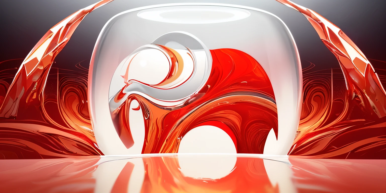 A huge cup，It is filled with abstract red and gold liquid.，Abstract Background, Frosted glass effect, Crystal glass material, Futuristic colorful waves, Sparkling water reflections, transparent, Smooth curve style, Pale white, 8k resolution，The light at the end of the road，Digital Art Style，With some futuristic elements 