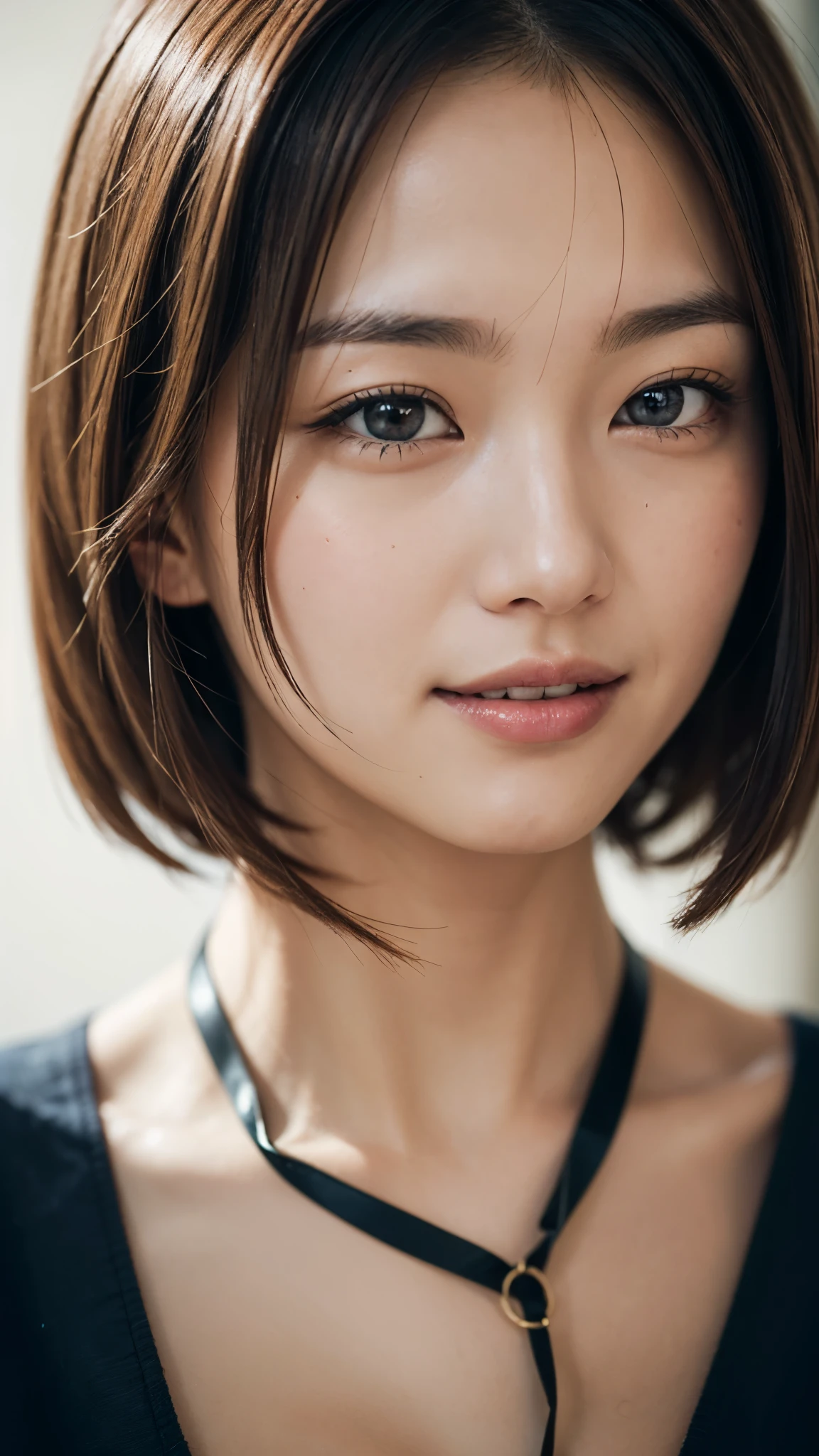 (masterpiece),(Highest quality:1.2),(Very detailed:1.2),(High resolution),(Photorealistic Stick),(RAW Photos),8K,Backlight,(Depth of written boundary),(Sleek lighting:1.2),Close-up of a clothed woman,Soft portrait shots,Beautiful Japanese Women,Gorgeous face portrait,(Eye light,Sharp pupils,Detailed eye drawing,)Very beautiful face,(Detailed skin texture:1.3),Beautiful portrait,A lovely and delicate face,Beautiful young Japanese woman,Short Bob,Look this way,front,(POV shot),(light smile)