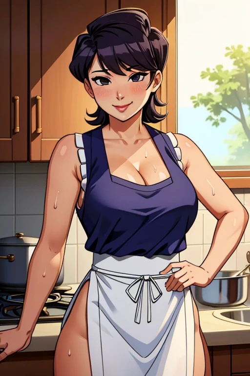 (masterpiece, best quality), intricate details, 1girl, medium breasts, komi shuuko, white apron, sleeveless, kitchen, seductive smile, cleavage, sweaty, cooking