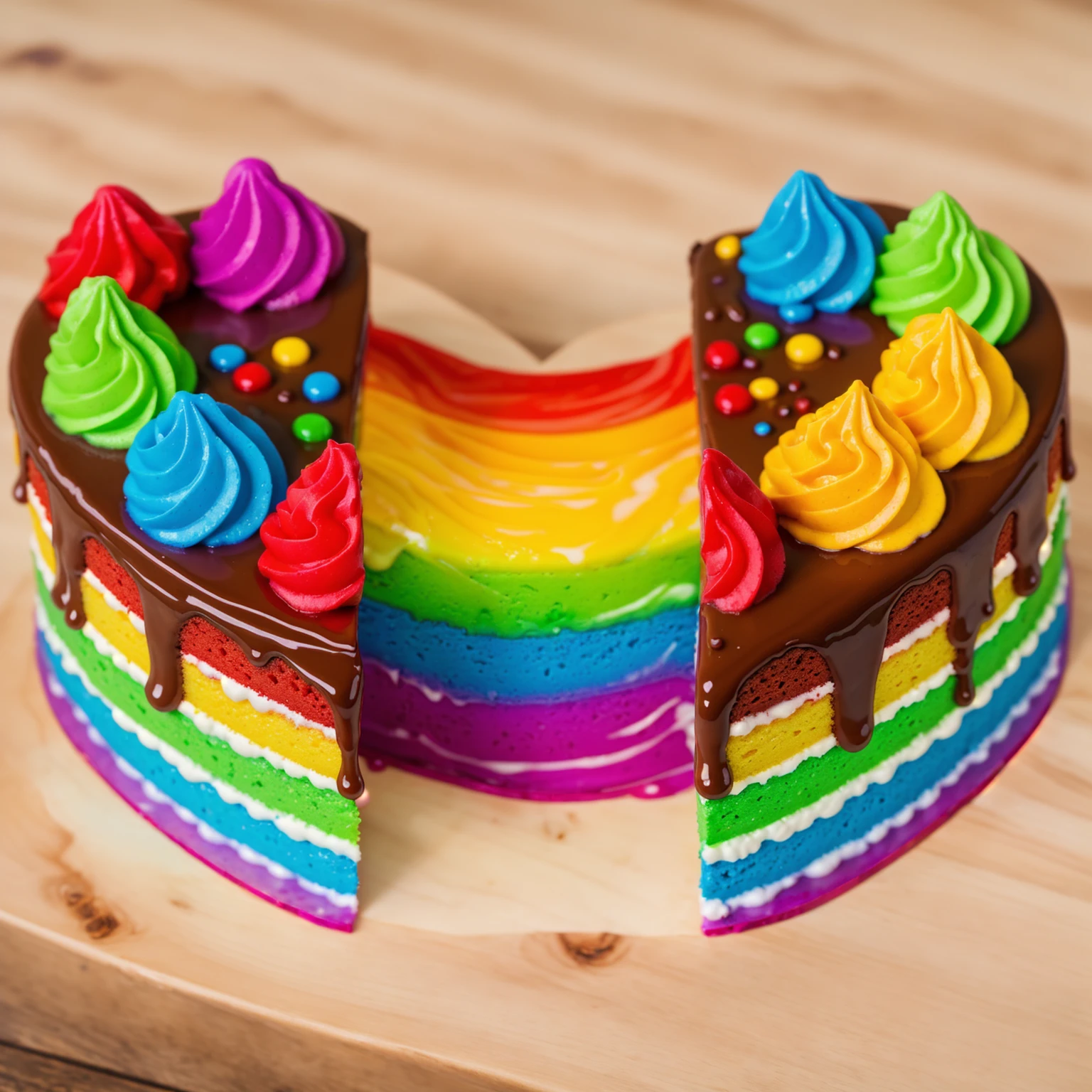 on a wooden table, heart shaped cake,  cut in half.  Rainbow liquid cream flows out of the cake. drips. радужные drips выливаются, realistic picture, Realistic style, realistic textures, bright lighting, beautiful light source, detailed textures, high quality, A high resolution, macro photography, ultra 4k hd.