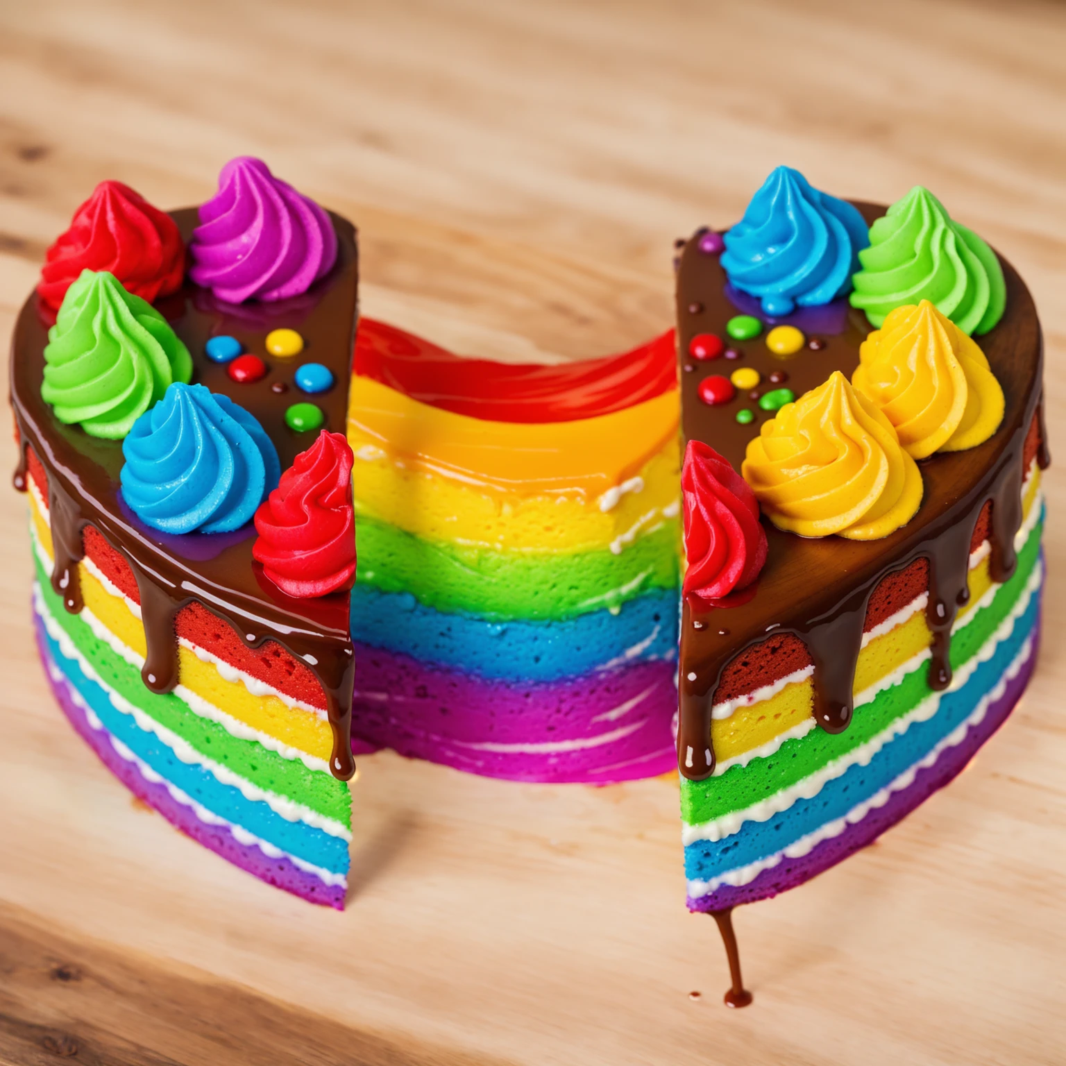 on a wooden table, heart shaped cake, cut in half. Rainbow liquid cream flows out of the cake. drips. радужные drips выливаются, realistic picture, Realistic style, realistic textures, bright lighting, beautiful light source, detailed textures, high quality, A high resolution, macro photography, ultra 4k hd.