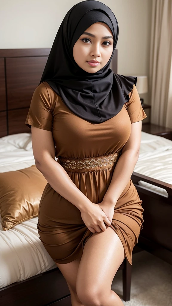 RAW, Best quality, high resolution, masterpiece: 1.3), beautiful Malay woman in hijab, Masterpiece, perfect fit body, big breasts, beautiful big eyes, open stand, Soft smile, thick thighs, woman standing in the bedroom in (brown frilled dress:1.1) , she is about 2 0 years old, she is about 20 years old, pale skin Malay girl, smooth brown skin, beautiful woman, wearing a light brown dress, beautiful Malay woman, she is about 2 5 years old, she about 30 years old, he is about 3 0 years old