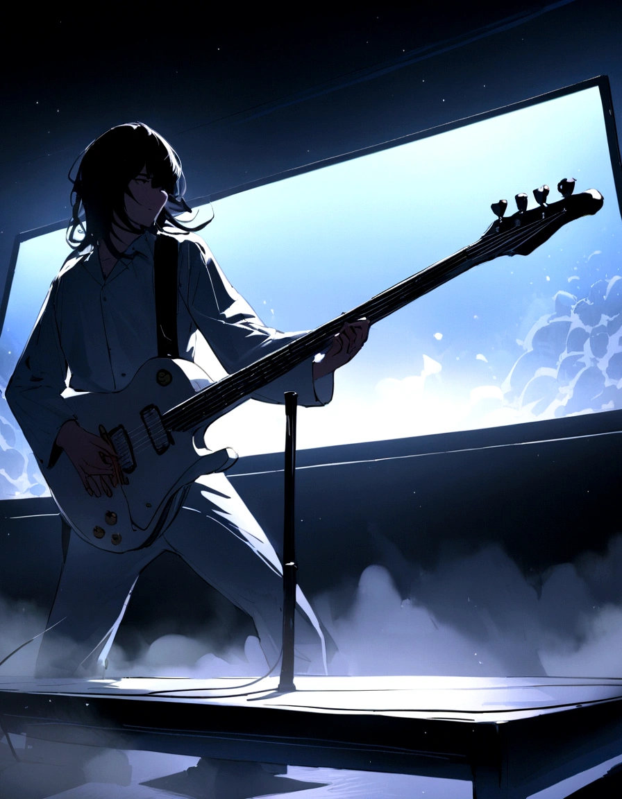 rock band. White guitar player, until, Very long black hair, Fall in love with his black and white electric guitar. Perform on a professionally lit stage, FOG, Screen and pyrotechnics. Surreal , Professional lighting,