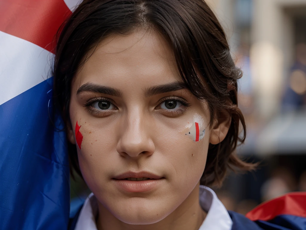 a beautiful supporter with france flag on his face