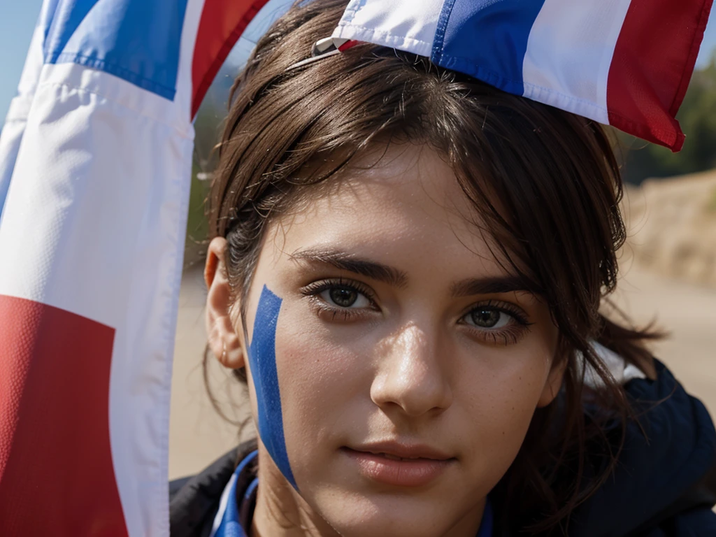 a beautiful supporter with france flag on his face