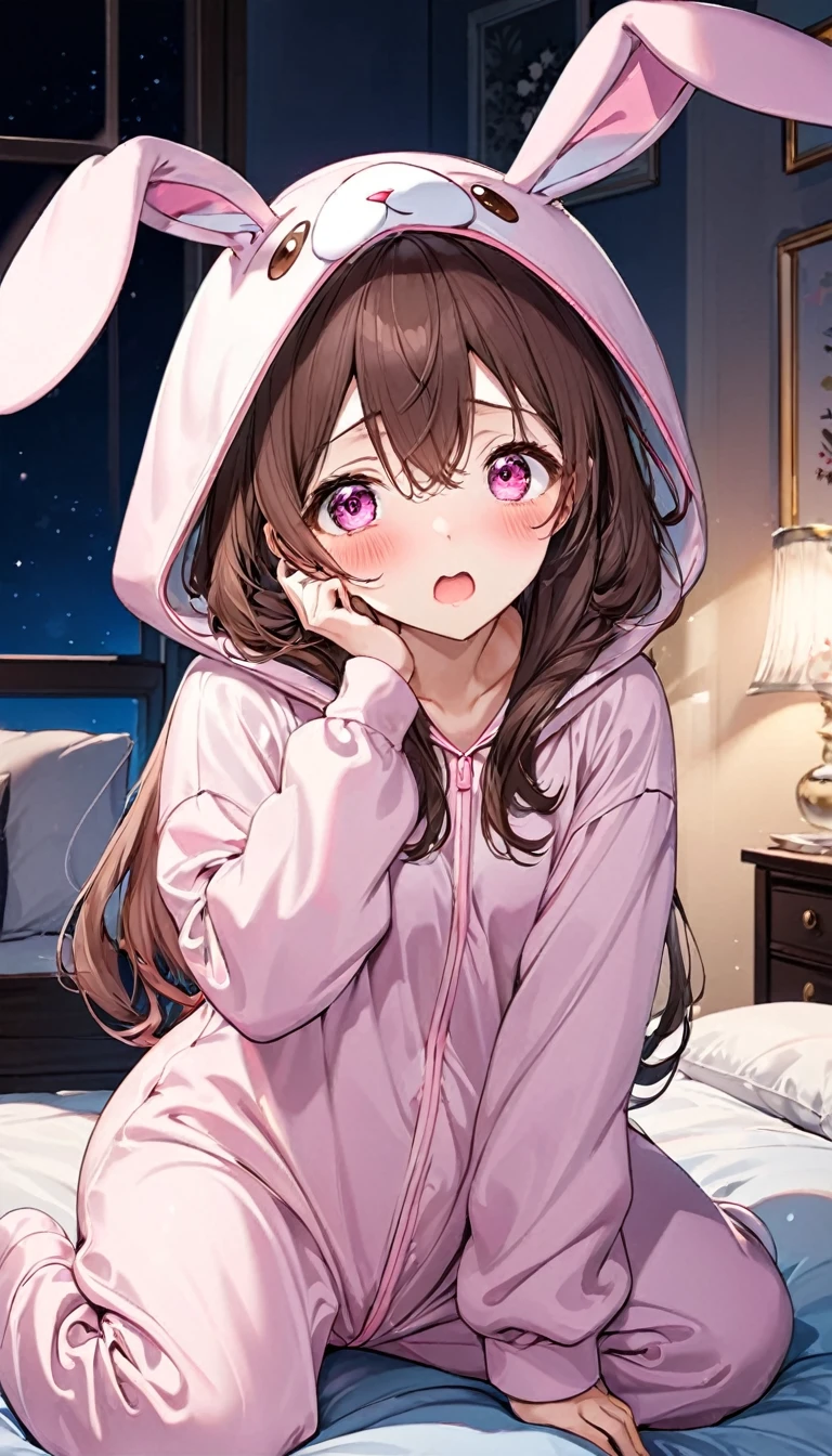 (Kigurumi pajamas style), (13 yo brown hair long hair over eyes cute girl), surprised pink eyes, surprised face, (in a bunny hooded, bunny kigurumi), break, in the lovely bedroom of night, BREAK, masterpiece, best quality, 16k, beautiful detailed night, daydreaming expression.