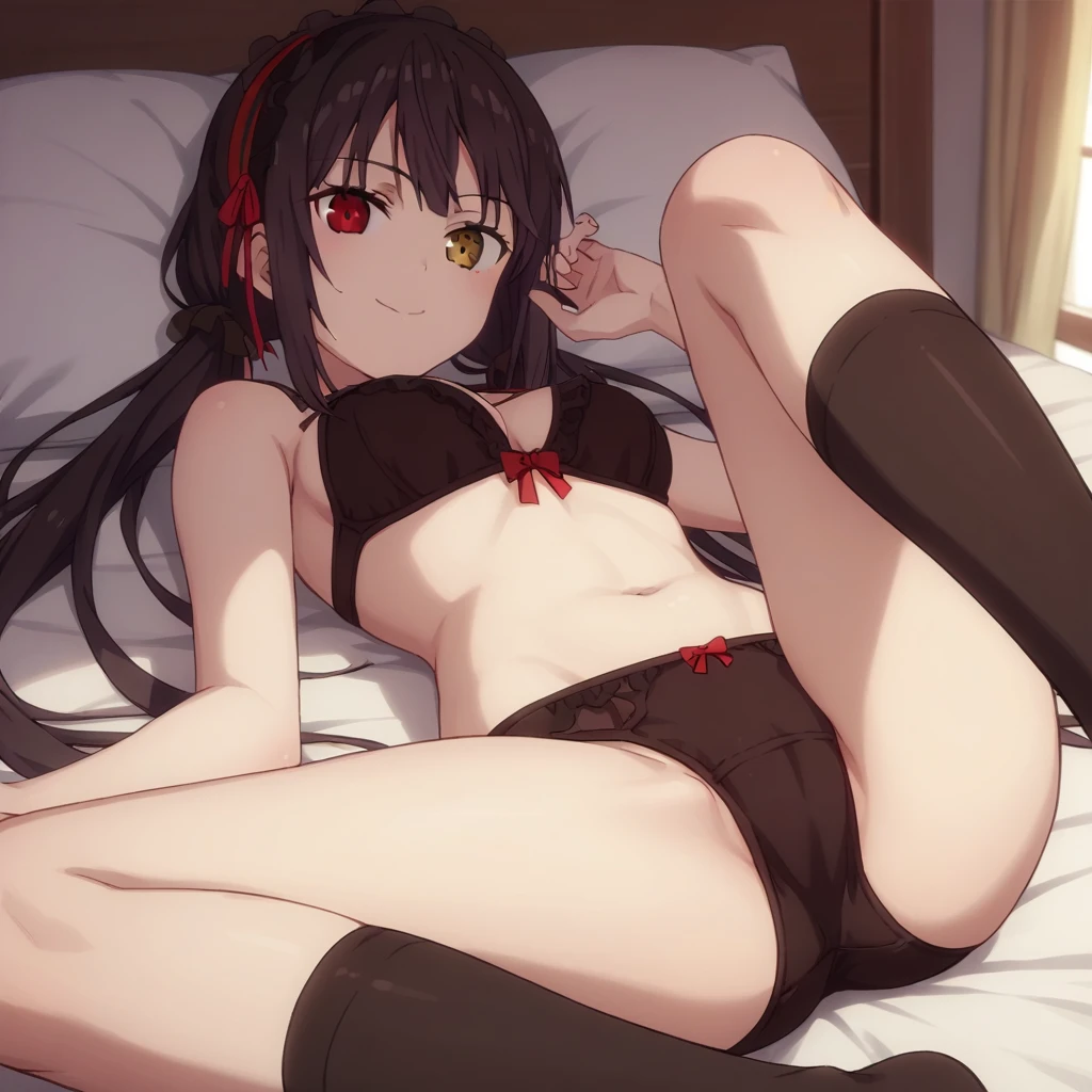 score_9, score_8_up, score_7_up, source_anime,
kurumitokisaki, kurumi tokisaki, black hair, golden right eye(clock eye), heterochromia and red eyes, long hair, (bunches)
bare shoulder, ribbon, Black bra, bikini, briefs, black bikini, twintails, low twintails, black silk leggings
indoors, outdoor, smile,
looking at viewer, solo, lying on the bed, legs apart